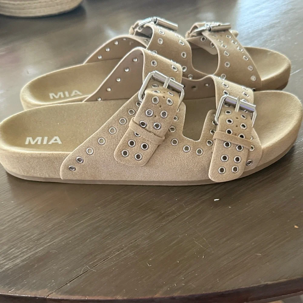 MIA Taupe Double-Buckle Studded Slide Sandals 10 - Picture 5 of 6